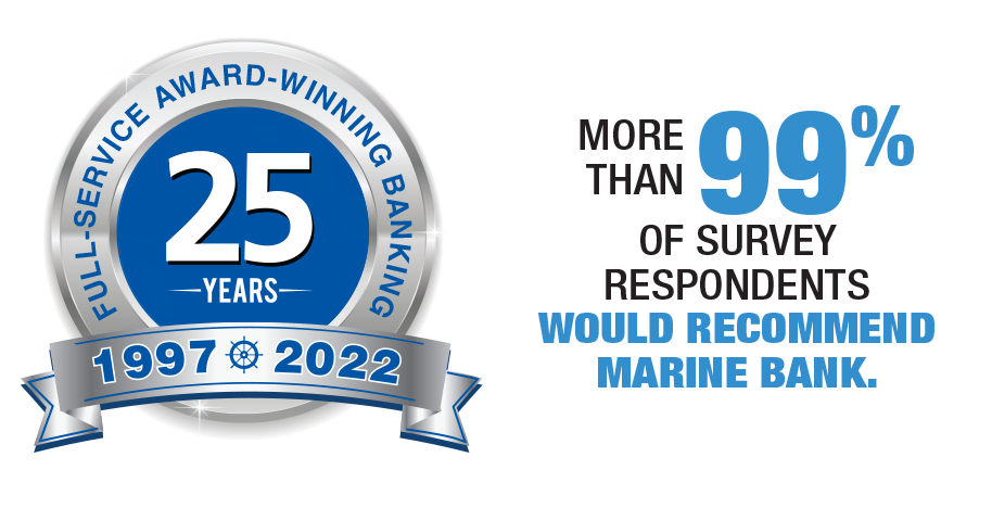 25 Year Anniversary Icon and More than 99% of Survey Respondents would recommend Marine Bank.
